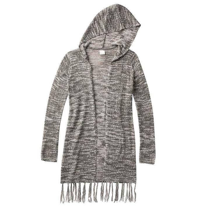 Girls Plus Size Mudd&reg; Space-dyed Fringe Hooded Cardigan, Girl's, Size: 16 1/2, Light Grey