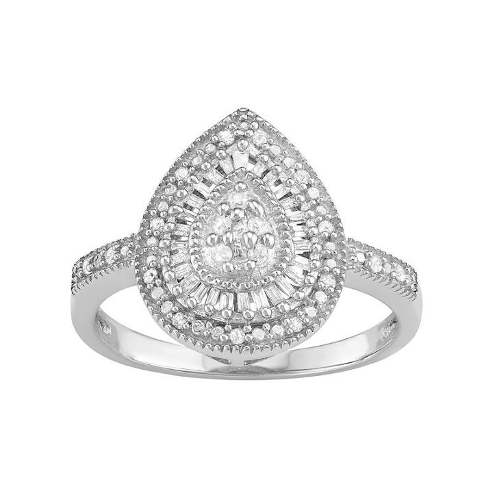 Sterling Silver 1/4 Carat T.w. Diamond Teardrop Ring, Women's, Size: 8, White