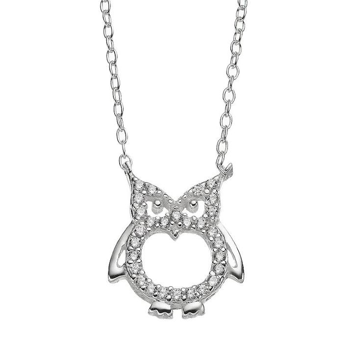 Cubic Zirconia Sterling Silver Openwork Owl Necklace, Women's, Grey