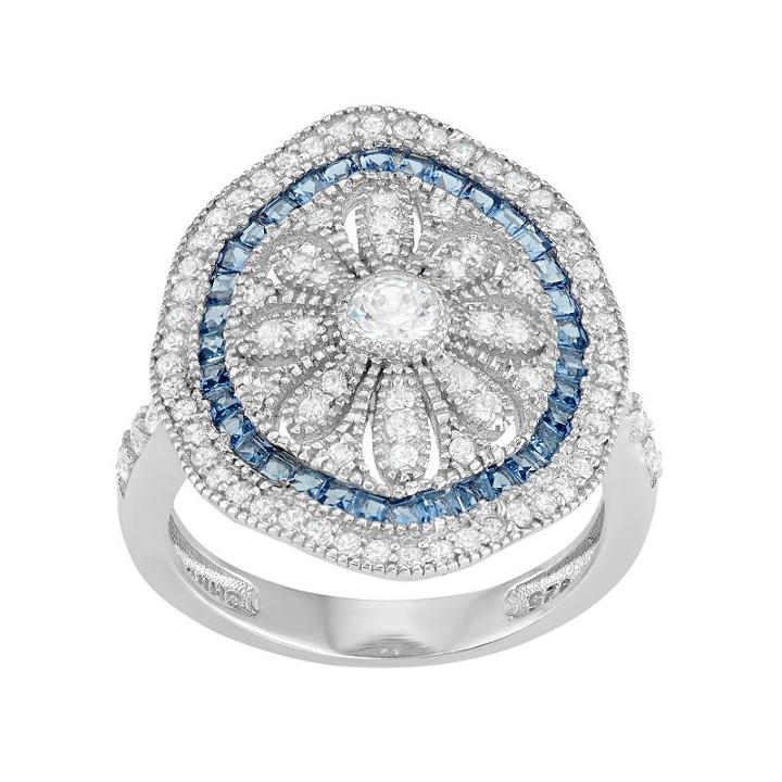 Sterling Silver Blue Glass & Cubic Zirconia Flower Ring, Women's, Size: 6