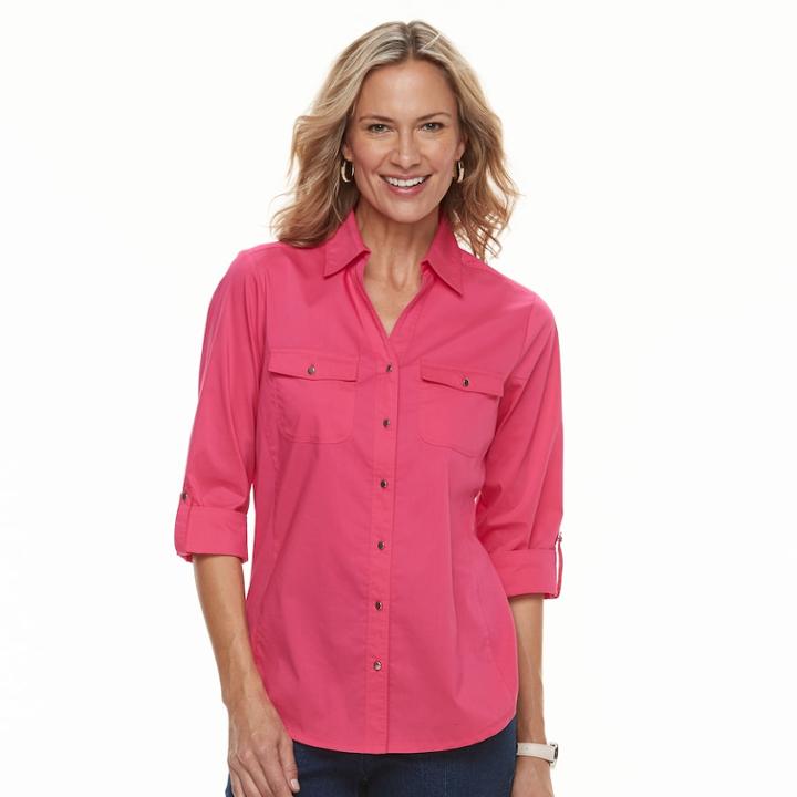 Women's Croft & Barrow&reg; Knit-to-fit Roll-tab Shirt, Size: Xxl, Pink