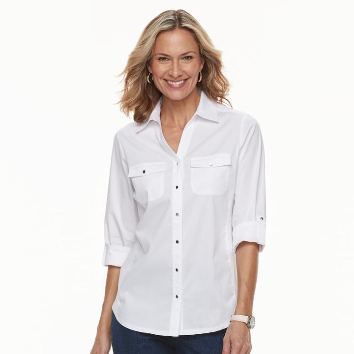 Women's Croft & Barrow&reg; Knit-to-fit Roll-tab Shirt, Size: Medium, White