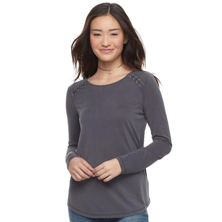 Juniors' Pink Republic Lace-up Raglan Tee, Teens, Size: Small, Grey (charcoal)