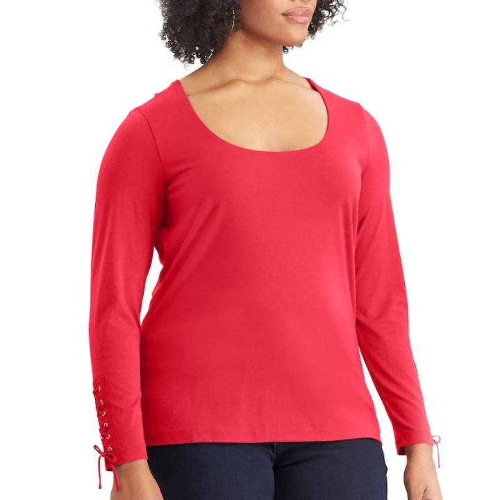 Plus Size Chaps Lace-up Sleeve Scoopneck Tee, Women's, Size: 2xl, Red