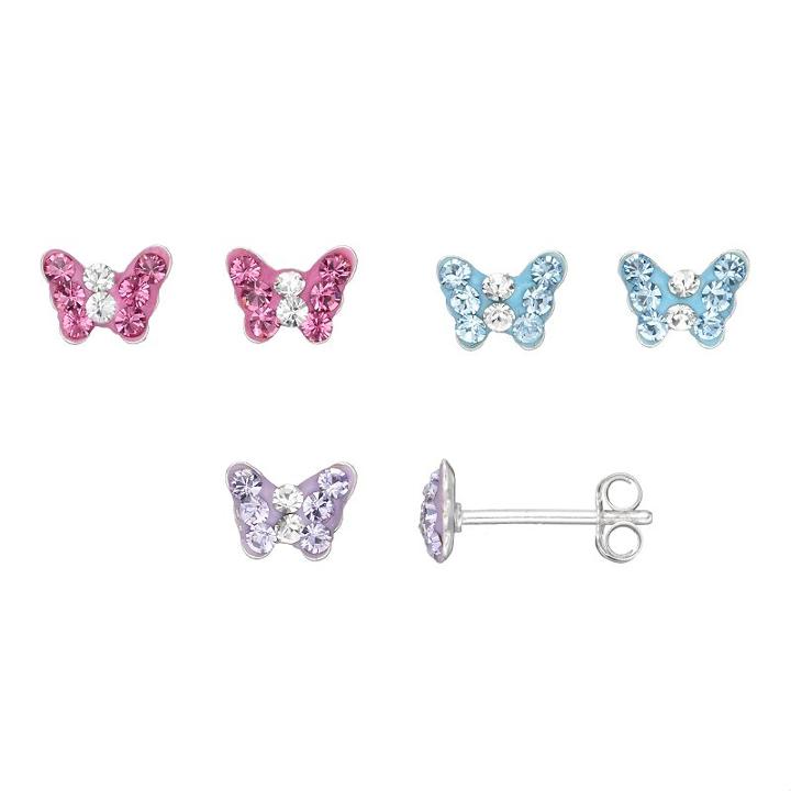Charming Girl Kids' Sterling Silver Crystal Butterfly Stud Earring Set, Pink