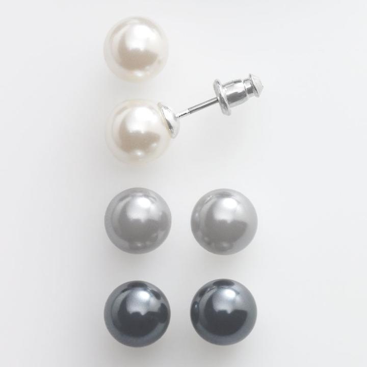 Silver-tone Simulated Pearl Stud Earring Set, Women's, Grey