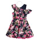 Girls 7-16 Beautees One Shoulder Ruffle Belted Skater Dress & Necklace Set, Size: 12, Blue (navy)