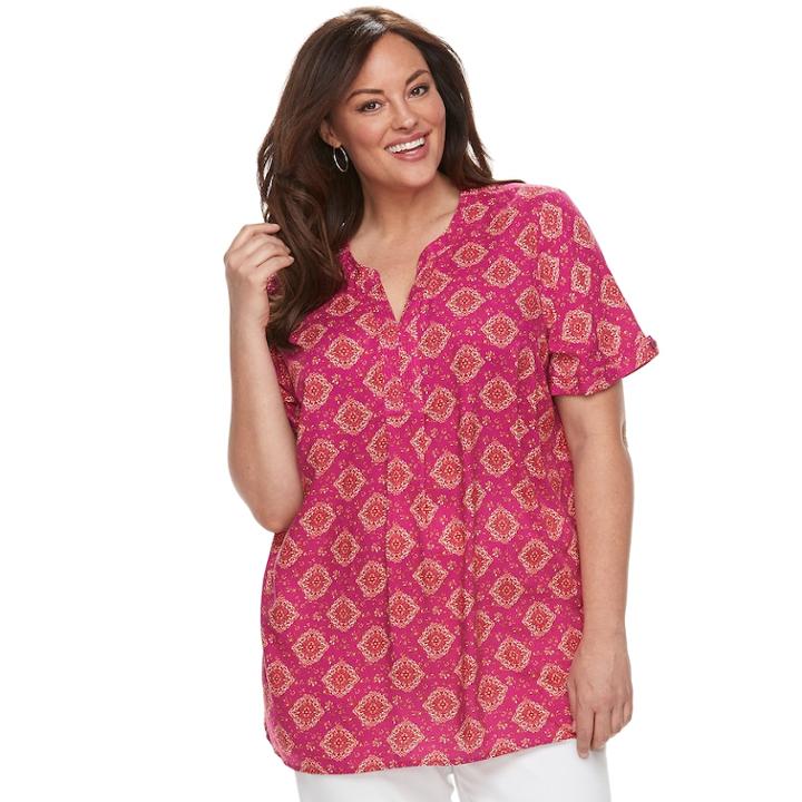 Plus Size Croft & Barrow&reg; Print Popover Top, Women's, Size: 1xl, Med Pink