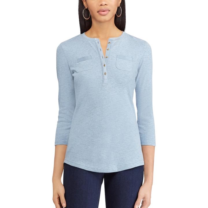 Petite Chaps 3/4-sleeve Henley, Women's, Size: Xl Petite, Blue
