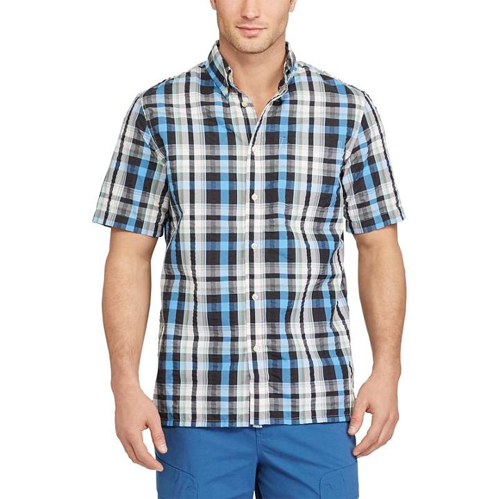 Men's Chaps Classic-fit Plaid Performance Button-down Camp Shirt, Size: Large, Blue