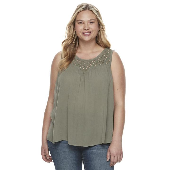 Juniors' Plus Size Mudd&reg; Embroidered Yoke Tank, Girl's, Size: 1xl, Med Green