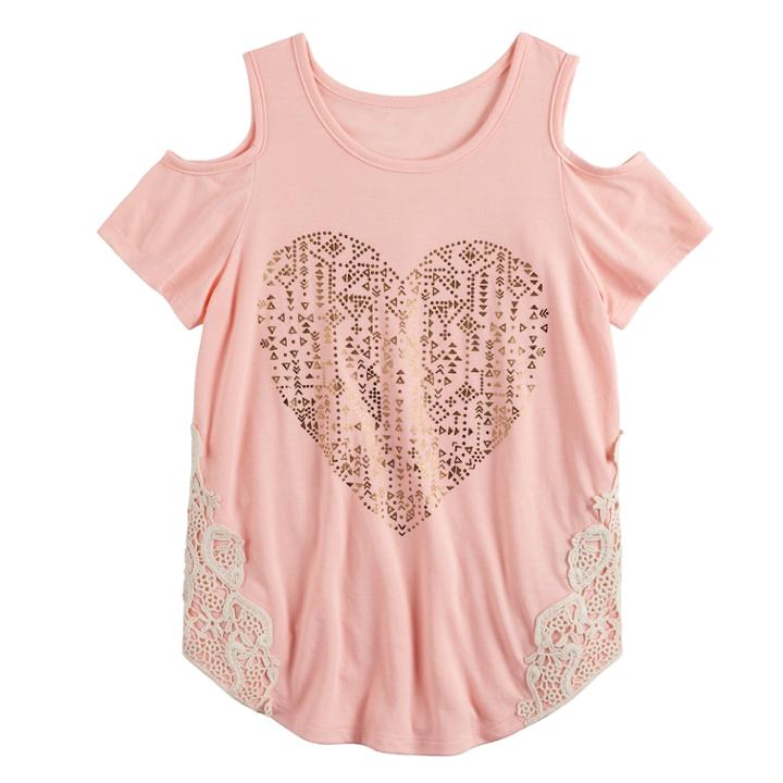 Girls 7-16 Mudd&reg; Cold Shoulder Crochet Pieced Tee, Size: 10, Lt Orange