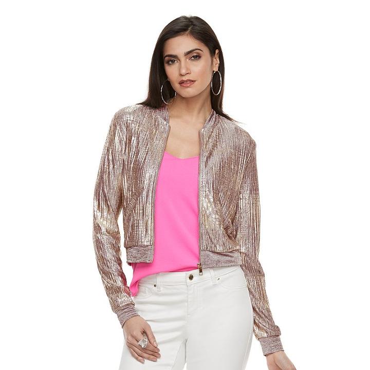 Women's Jennifer Lopez Metallic Crop Bomber Jacket, Size: Medium, Med Beige