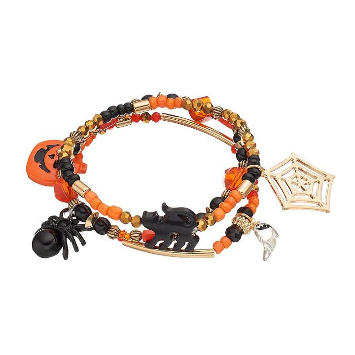 Halloween Spider, Black Cat & Jack-o'-lantern Charm Stretch Bracelet Set, Women's, Multicolor