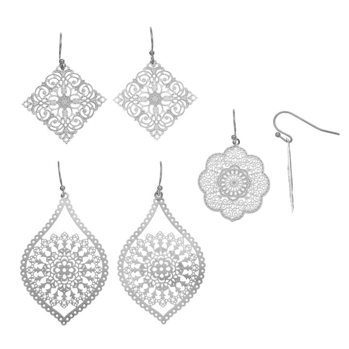 Filigree Scalloped, Oblong & Square Drop Earring Set, Women's, Silver