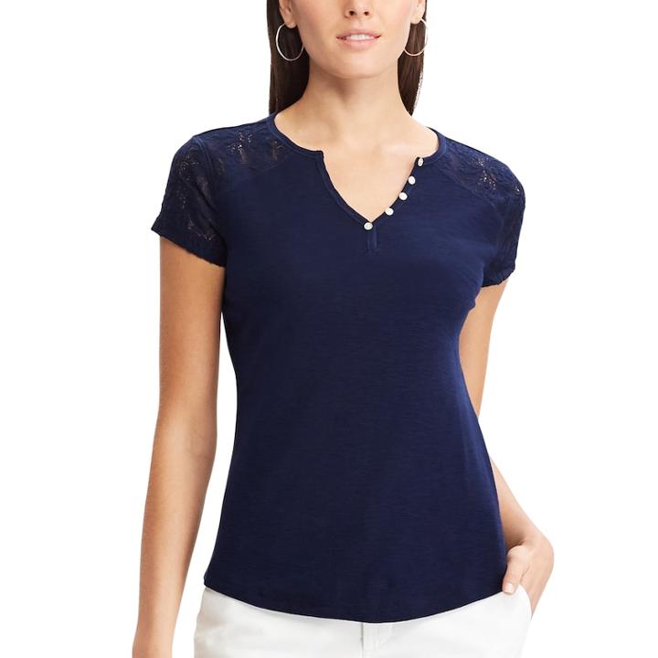 Petite Chaps Lace Sleeve Henley Tee, Women's, Size: Xl Petite, Blue