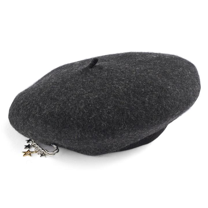 Women's David & Young Safety Pin Star Charm Wool Beret, Grey (charcoal)