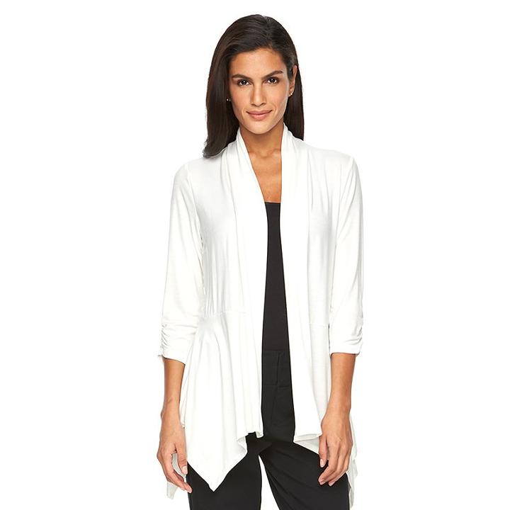 Women's Ab Studio Shark-bite Hem Open-front Cardigan, Size: Medium, White Oth