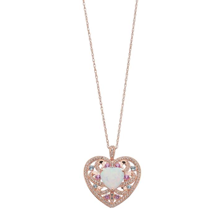 14k Rose Gold Over Silver Lab-created Opal Heart Pendant Necklace, Women's, Size: 18, White