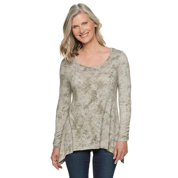 Women's World Unity Embellished Shark-bite Hem Tee, Size: Large, Brown