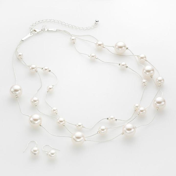 Croft & Barrow&reg; Silver Tone Simulated Pearl Multistrand Necklace And Drop Earring Set, Women's, White