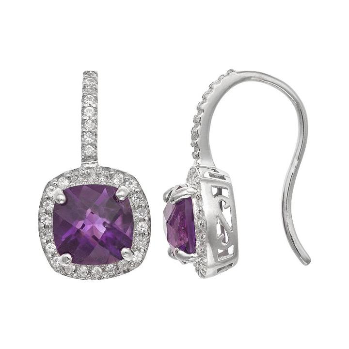 Sterling Silver Amethyst And Lab-created White Sapphire Halo Drop Earrings, Women's, Purple