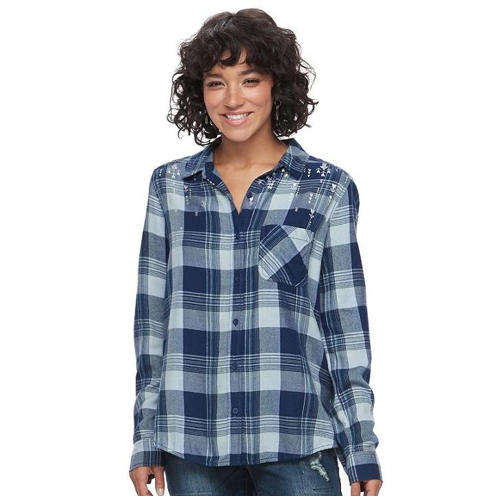 Juniors' Mudd® Plaid Flannel Shirt, Teens, Size: Large, Med Blue