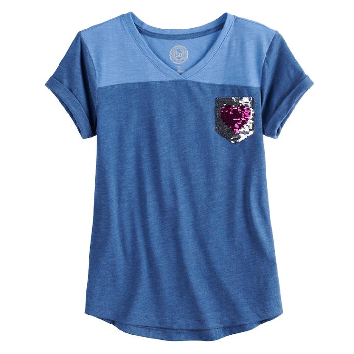Girls 7-16 & Plus Size So&reg; Flippy Sequin Pocket V-neck Tee, Size: 16, Med Blue