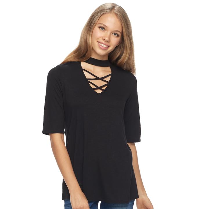Juniors' Pink Republic Elbow Sleeve Choker Neck Top, Teens, Size: Medium, Black
