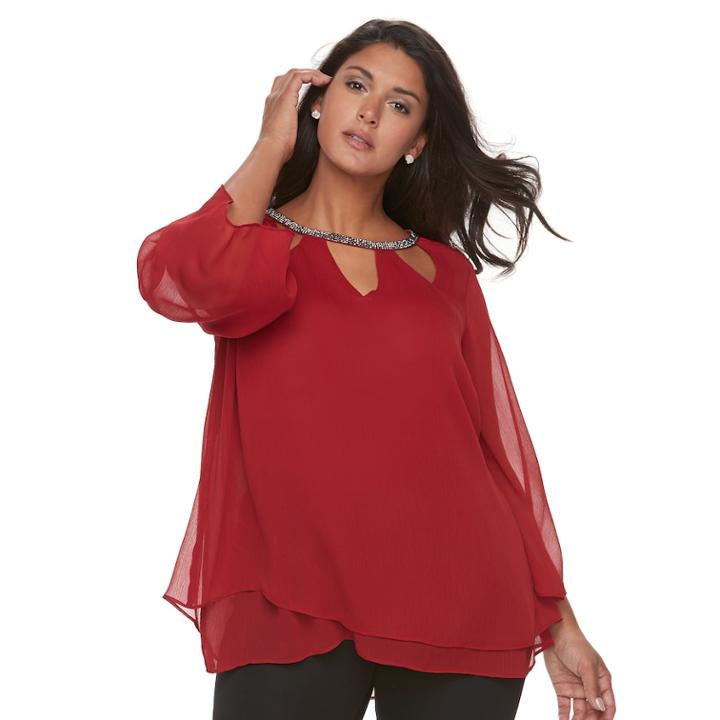 Plus Size Jennifer Lopez Embellished Triple Cut-out 3/4-sleeve Top, Women's, Size: 0x, Dark Red