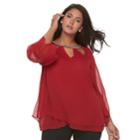 Plus Size Jennifer Lopez Embellished Triple Cut-out 3/4-sleeve Top, Women's, Size: 0x, Dark Red