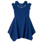 So, Girls 7-16 &reg; Cold Shoulder Embellished Textured Handkerchief Hem Dress, Girl's, Size: M/10, Dark Blue