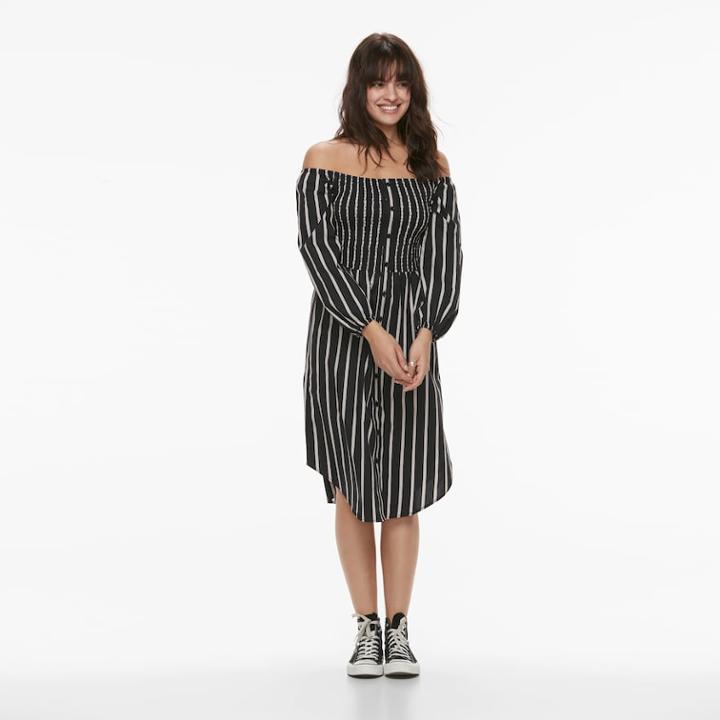 K/lab Striped Smocked Off-the-shoulder Shirtdress, Teens, Size: Small, Black