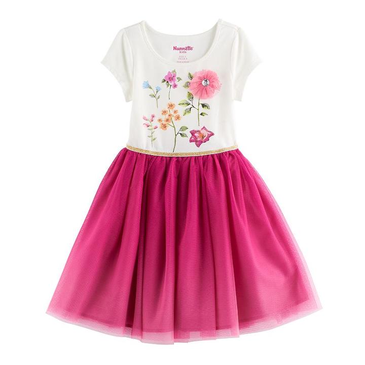 Girls 4-6x Nannette Glitter Print & Mesh Dress, Size: 5, Lt Beige