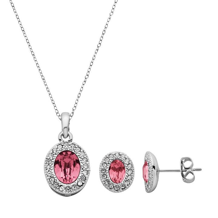 Silver-plated Simulated Crystal Oval Halo Pendant And Stud Earring Set, Women's, Pink