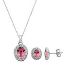 Silver-plated Simulated Crystal Oval Halo Pendant And Stud Earring Set, Women's, Pink