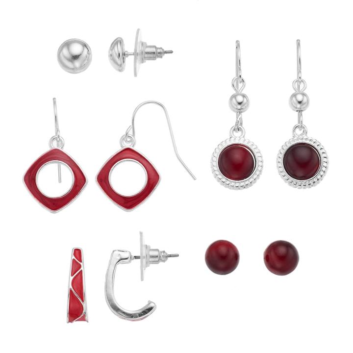 Red Round Stud, Drop & J-hoop Nickel Free Earring Set, Women's