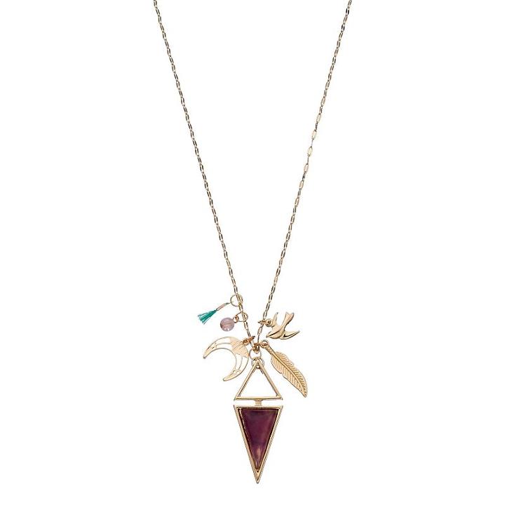 Triangle, Feather & Bird Charm Long Necklace, Women's, Dark Brown