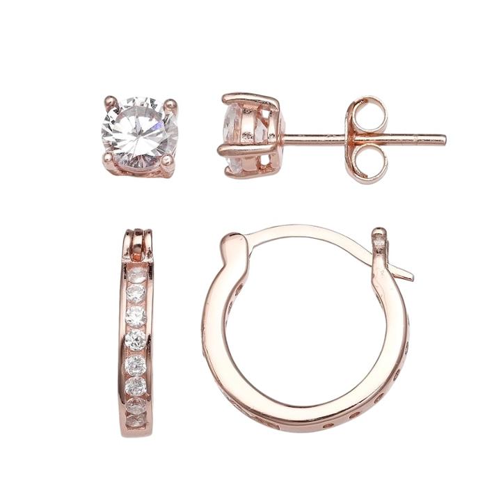 Primrose Rose Gold Tone Sterling Silver Cubic Zirconia Stud & Hoop Earring Set, Women's, White