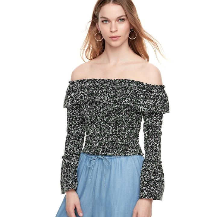 K/lab Ruffle Long Sleeve Bardot Top, Kids Unisex, Size: Medium, Black