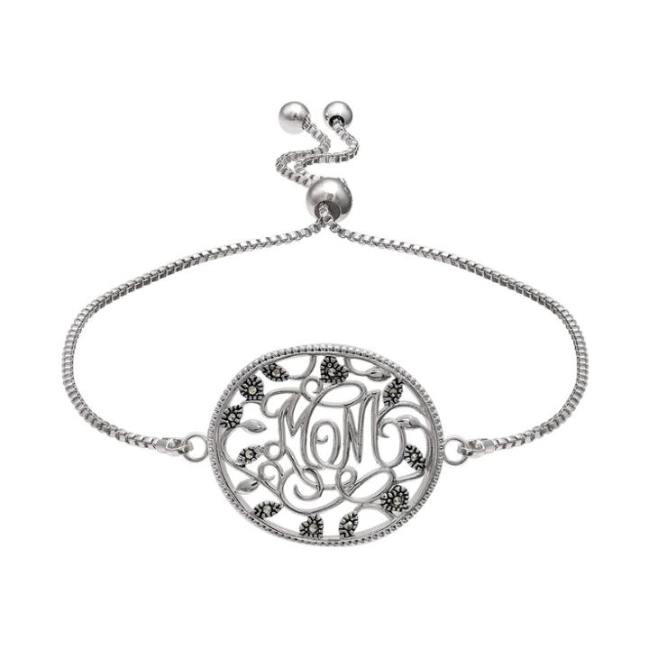Brilliance Silver Plated Marcasite Mom Vine Bolo Bracelet, Women's, Black