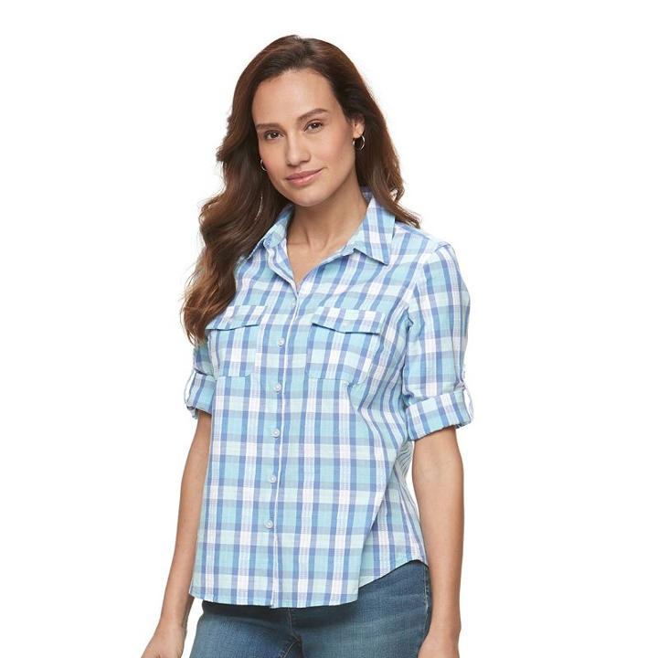 Petite Croft & Barrow® Roll-tab Shirt, Women's, Size: L Petite, Turquoise/blue (turq/aqua)