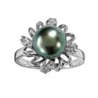Sterling Silver Tahitian Cultured Pearl And White Topaz Flower Ring, Women's, Black