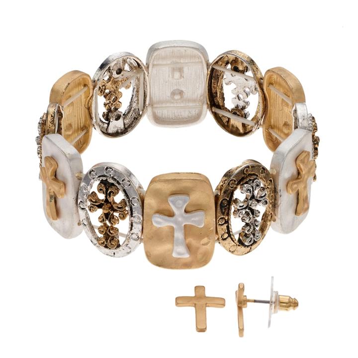 Believe In Two Tone Cross Stretch Bracelet & Stud Earring Set, Women's, Multicolor