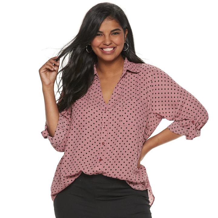 Juniors' Plus Size Iz Byer Roll-tab Shirt, Teens, Size: 3xl, Mauve Dot