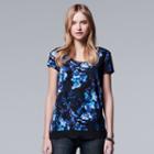 Petite Simply Vera Vera Wang Print Chiffon-trim Tee, Women's, Size: L Petite, Blue (navy)