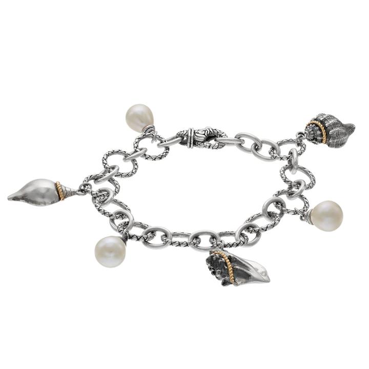 Two Tone Sterling Silver Freshwater Cultured Pearl & Seashell Charm Bracelet, Women's, White