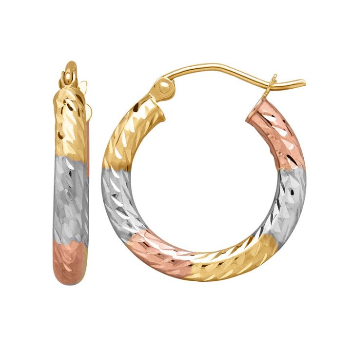Everlasting Gold Tri Tone 14k Gold Textured Hoop Earrings, Women's