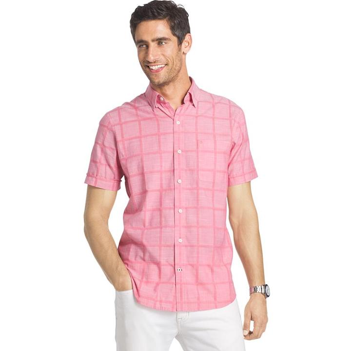Men's Izod Classic-fit Windowpane Chambray Woven Button-down Shirt, Size: Medium, Pink Other