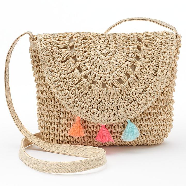 Girls 4-16 Crochet Tassel Crossbody Bag, Natural